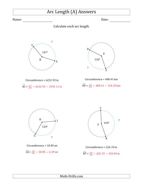 The Calculating Circle Arc Length from Circumference (A) Math Worksheet Page 2