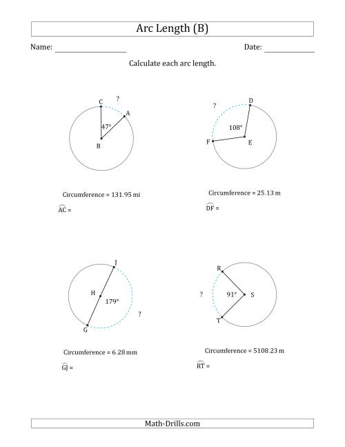 The Calculating Circle Arc Length from Circumference (B) Math Worksheet