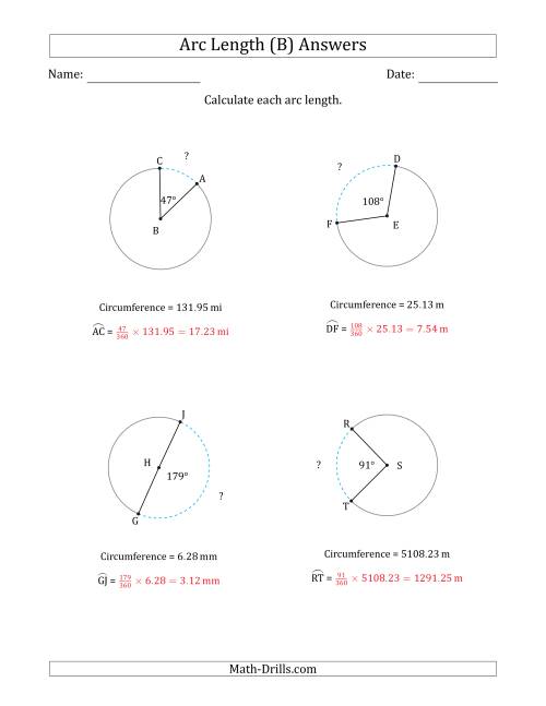 The Calculating Circle Arc Length from Circumference (B) Math Worksheet Page 2