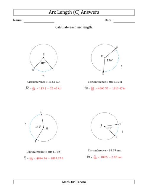 The Calculating Circle Arc Length from Circumference (C) Math Worksheet Page 2