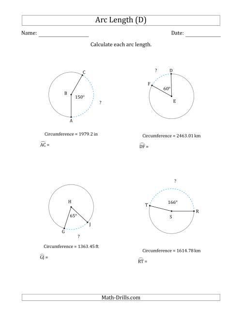 The Calculating Circle Arc Length from Circumference (D) Math Worksheet