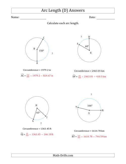 The Calculating Circle Arc Length from Circumference (D) Math Worksheet Page 2
