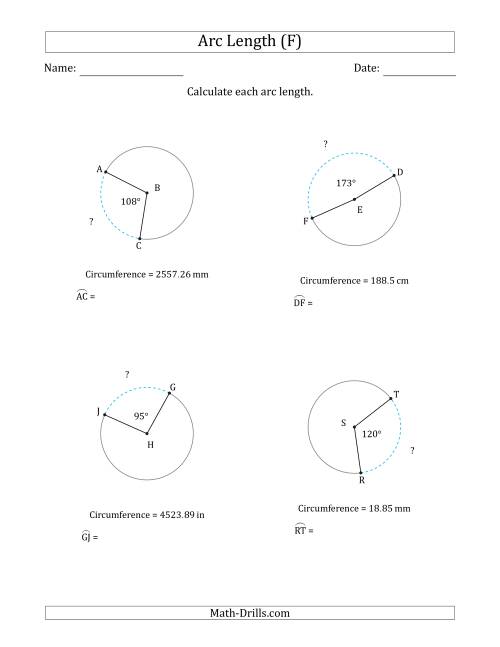 The Calculating Circle Arc Length from Circumference (F) Math Worksheet