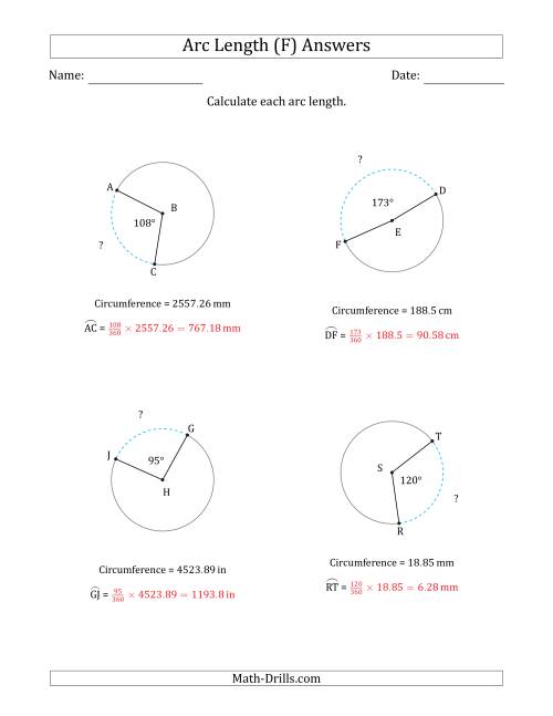 The Calculating Circle Arc Length from Circumference (F) Math Worksheet Page 2