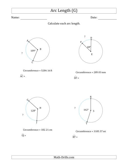 The Calculating Circle Arc Length from Circumference (G) Math Worksheet