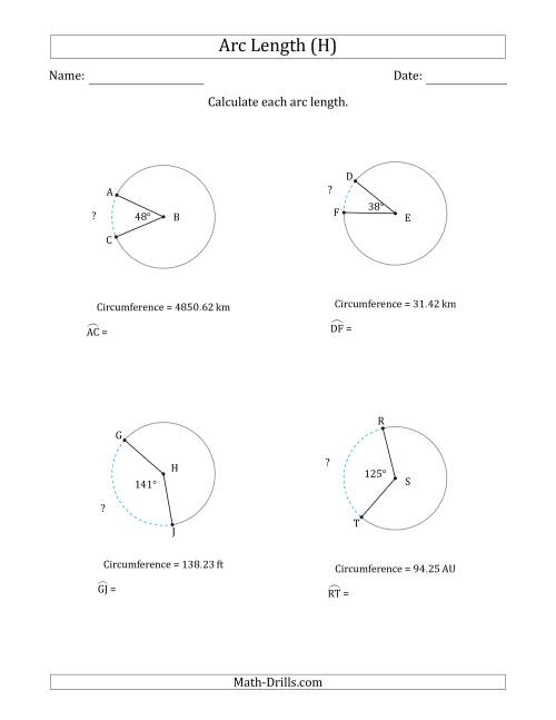 The Calculating Circle Arc Length from Circumference (H) Math Worksheet