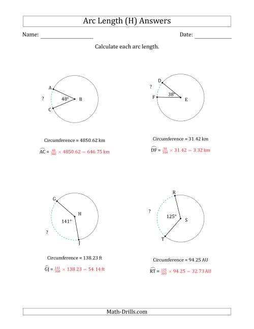 The Calculating Circle Arc Length from Circumference (H) Math Worksheet Page 2