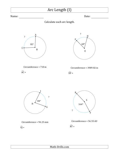 The Calculating Circle Arc Length from Circumference (I) Math Worksheet