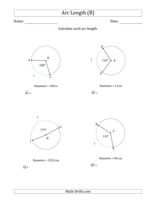 The Calculating Circle Arc Length from Diameter (B) Math Worksheet