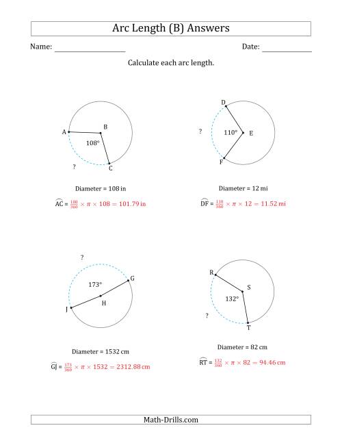 The Calculating Circle Arc Length from Diameter (B) Math Worksheet Page 2