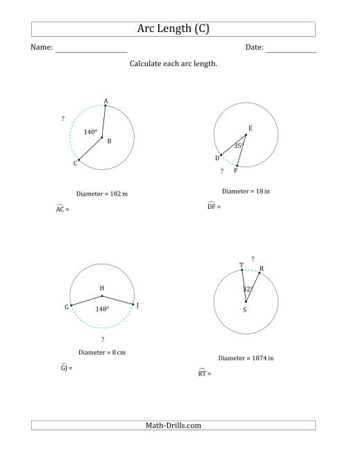 The Calculating Circle Arc Length from Diameter (C) Math Worksheet