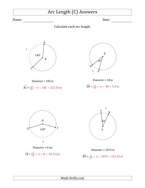 The Calculating Circle Arc Length from Diameter (C) Math Worksheet Page 2