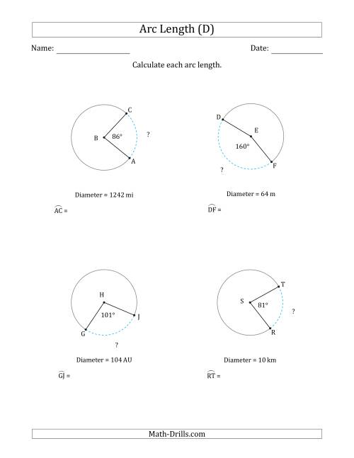 The Calculating Circle Arc Length from Diameter (D) Math Worksheet