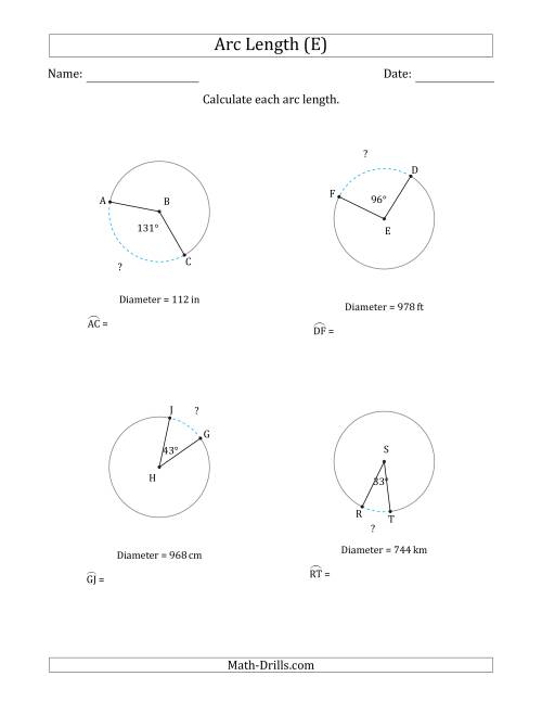 The Calculating Circle Arc Length from Diameter (E) Math Worksheet