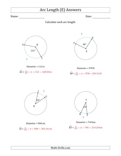 The Calculating Circle Arc Length from Diameter (E) Math Worksheet Page 2