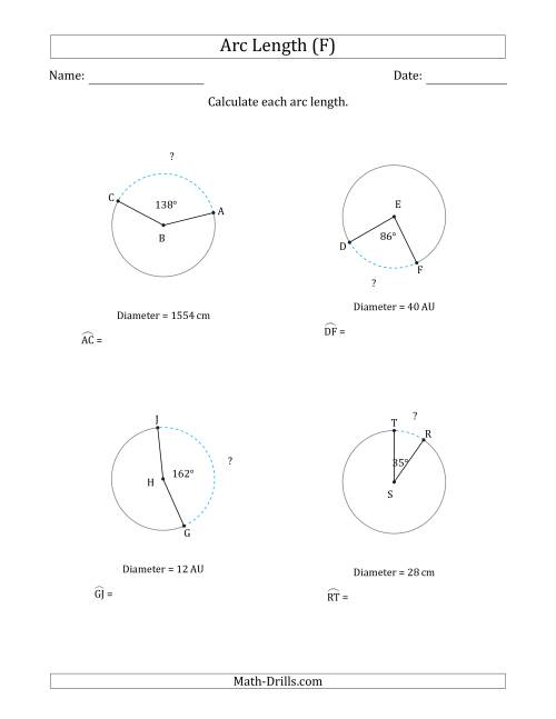 The Calculating Circle Arc Length from Diameter (F) Math Worksheet