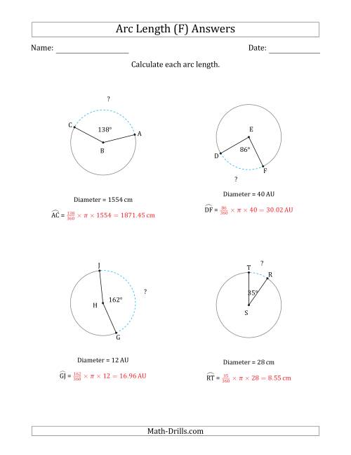 The Calculating Circle Arc Length from Diameter (F) Math Worksheet Page 2