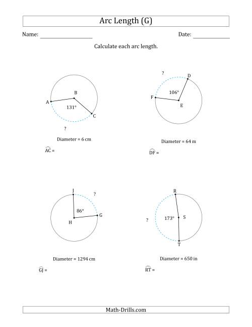 The Calculating Circle Arc Length from Diameter (G) Math Worksheet