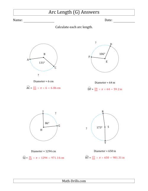 The Calculating Circle Arc Length from Diameter (G) Math Worksheet Page 2