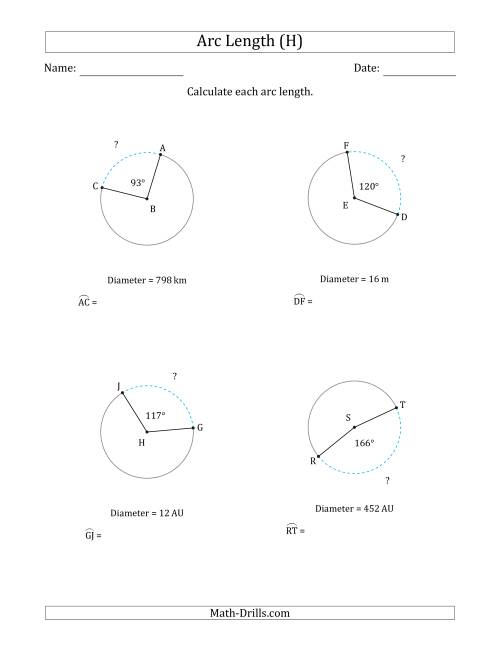 The Calculating Circle Arc Length from Diameter (H) Math Worksheet
