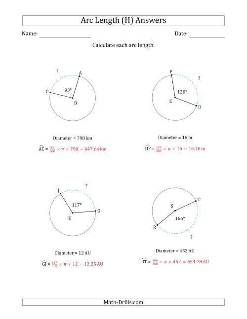 The Calculating Circle Arc Length from Diameter (H) Math Worksheet Page 2