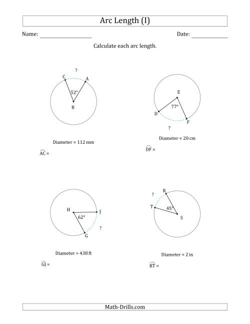 The Calculating Circle Arc Length from Diameter (I) Math Worksheet