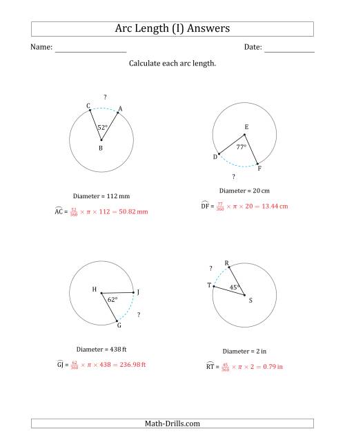 The Calculating Circle Arc Length from Diameter (I) Math Worksheet Page 2