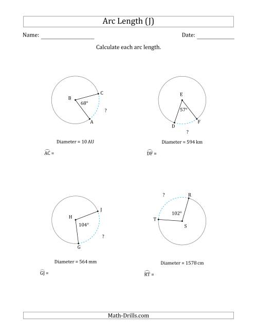 The Calculating Circle Arc Length from Diameter (J) Math Worksheet