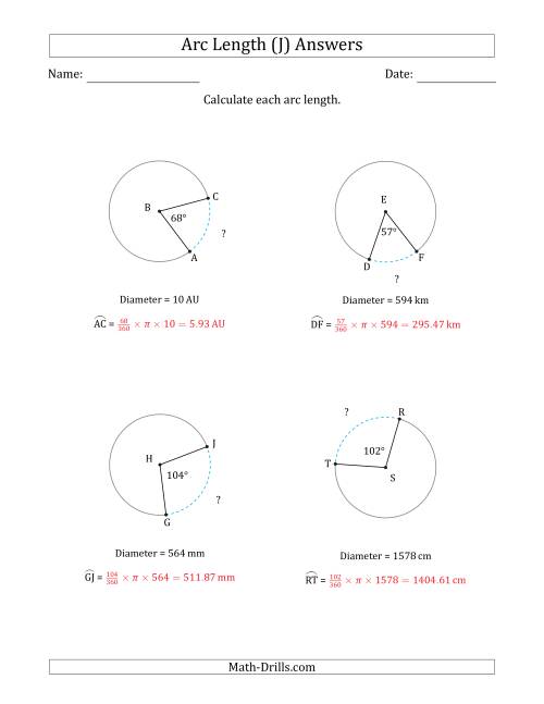 The Calculating Circle Arc Length from Diameter (J) Math Worksheet Page 2