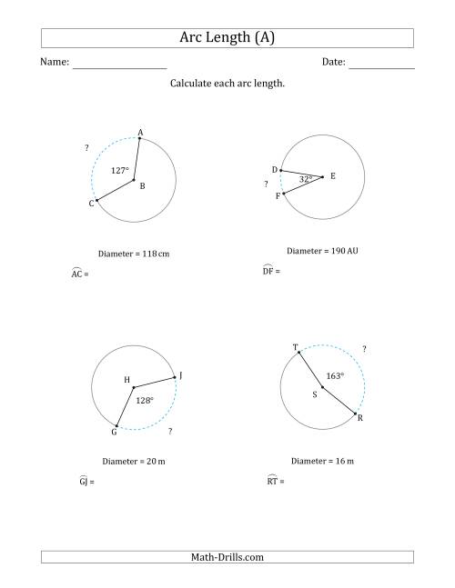 The Calculating Circle Arc Length from Diameter (All) Math Worksheet