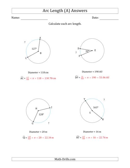 The Calculating Circle Arc Length from Diameter (All) Math Worksheet Page 2