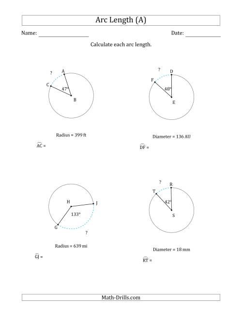The Calculating Circle Arc Length from Radius or Diameter (A) Math Worksheet