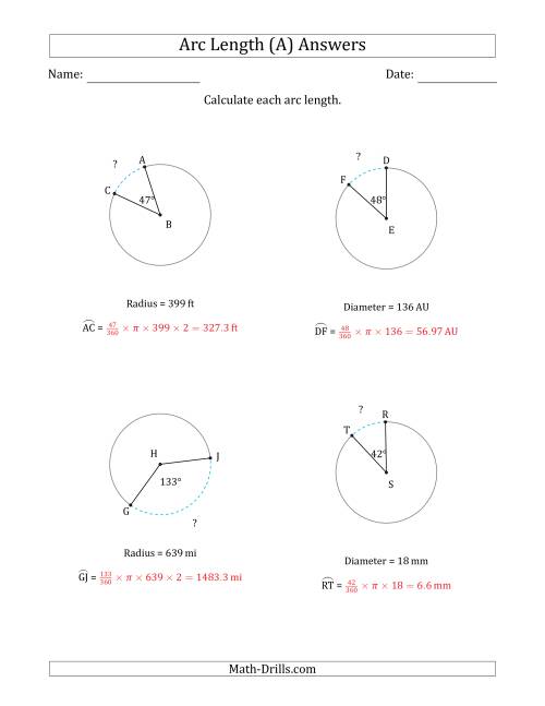 The Calculating Circle Arc Length from Radius or Diameter (A) Math Worksheet Page 2