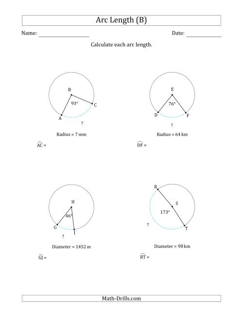 The Calculating Circle Arc Length from Radius or Diameter (B) Math Worksheet