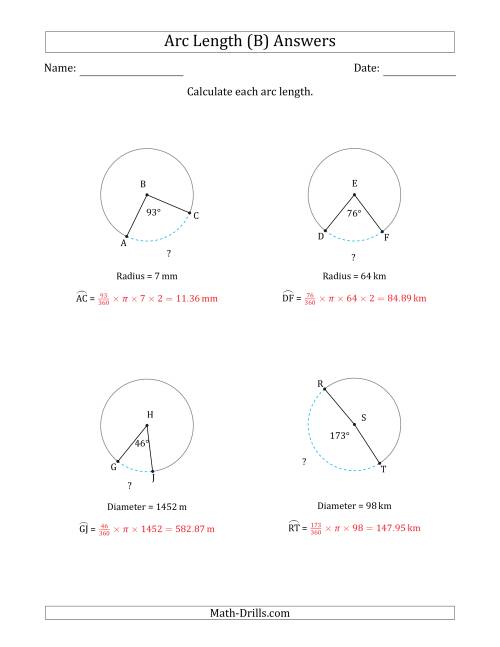 The Calculating Circle Arc Length from Radius or Diameter (B) Math Worksheet Page 2