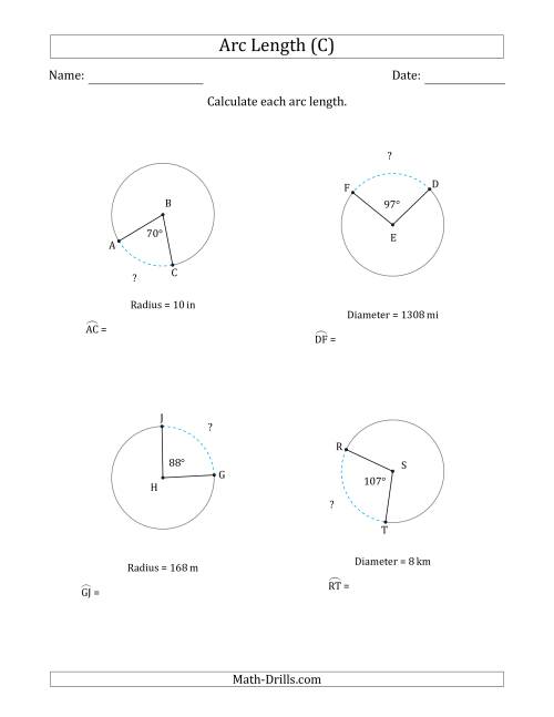 The Calculating Circle Arc Length from Radius or Diameter (C) Math Worksheet