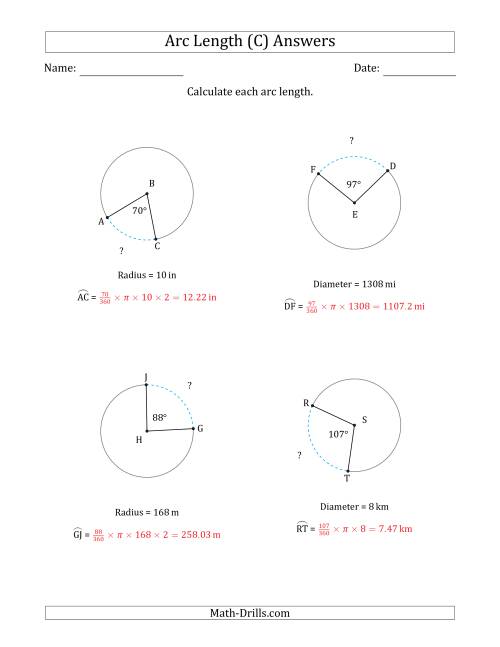 The Calculating Circle Arc Length from Radius or Diameter (C) Math Worksheet Page 2