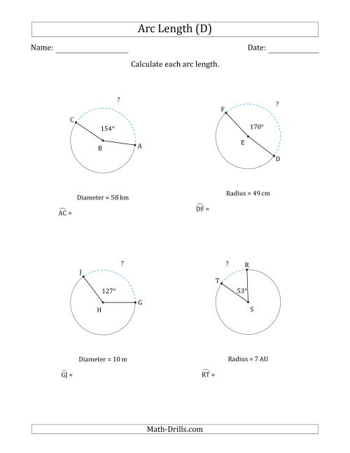 The Calculating Circle Arc Length from Radius or Diameter (D) Math Worksheet