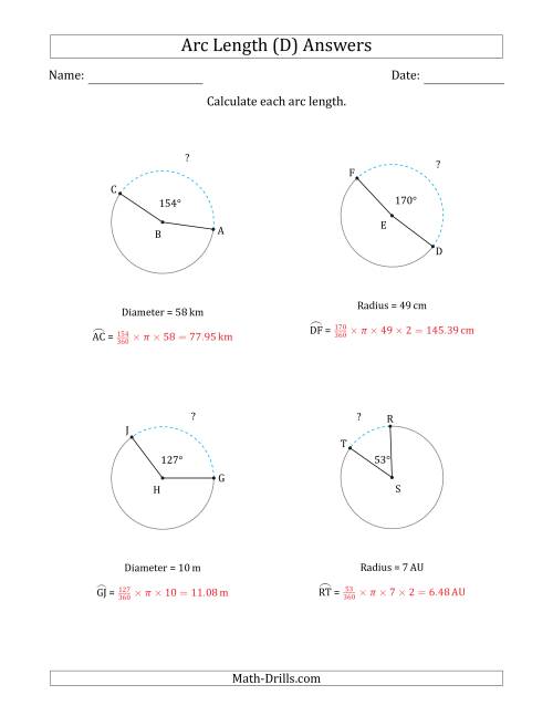 The Calculating Circle Arc Length from Radius or Diameter (D) Math Worksheet Page 2