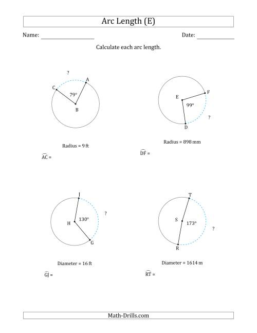 The Calculating Circle Arc Length from Radius or Diameter (E) Math Worksheet