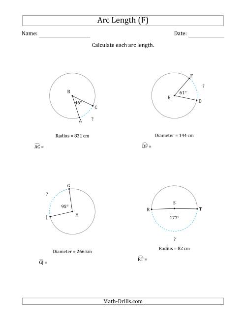The Calculating Circle Arc Length from Radius or Diameter (F) Math Worksheet