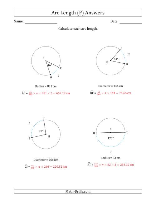 The Calculating Circle Arc Length from Radius or Diameter (F) Math Worksheet Page 2