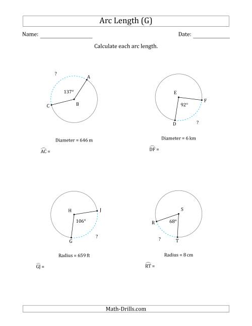 The Calculating Circle Arc Length from Radius or Diameter (G) Math Worksheet