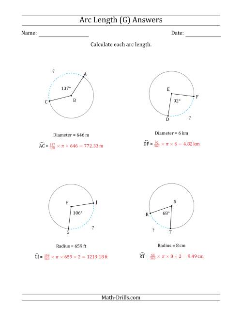 The Calculating Circle Arc Length from Radius or Diameter (G) Math Worksheet Page 2