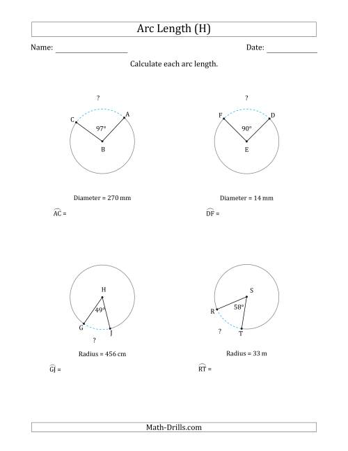 The Calculating Circle Arc Length from Radius or Diameter (H) Math Worksheet