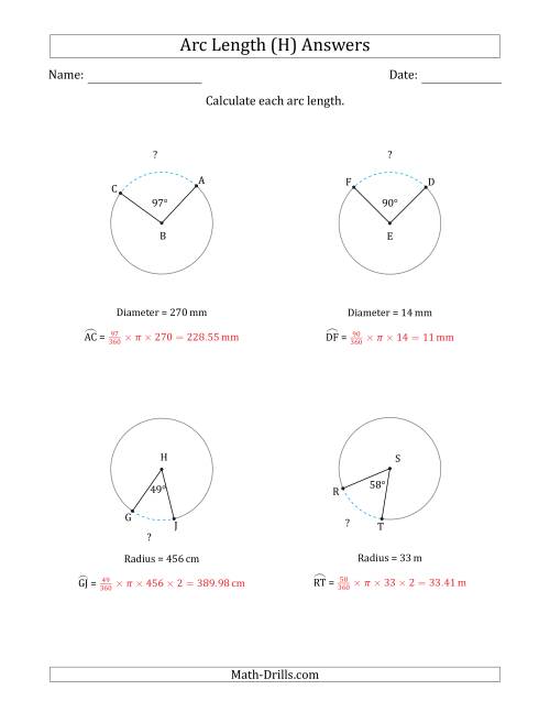 The Calculating Circle Arc Length from Radius or Diameter (H) Math Worksheet Page 2