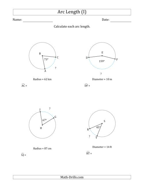 The Calculating Circle Arc Length from Radius or Diameter (I) Math Worksheet