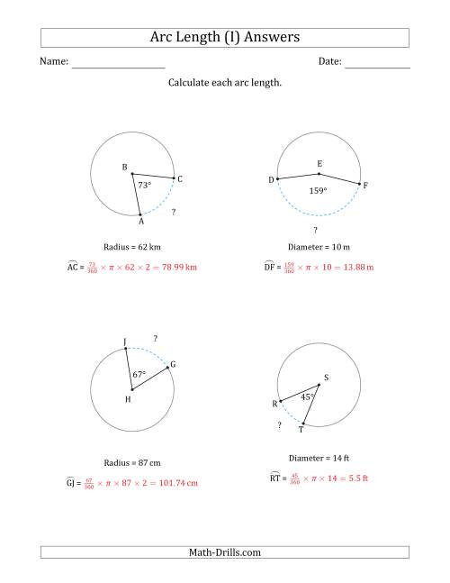 The Calculating Circle Arc Length from Radius or Diameter (I) Math Worksheet Page 2