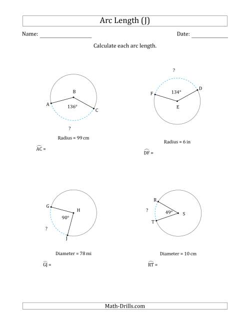 The Calculating Circle Arc Length from Radius or Diameter (J) Math Worksheet