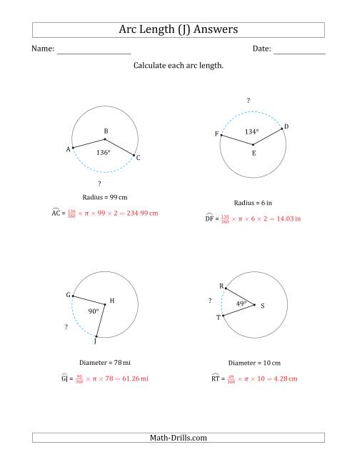 The Calculating Circle Arc Length from Radius or Diameter (J) Math Worksheet Page 2